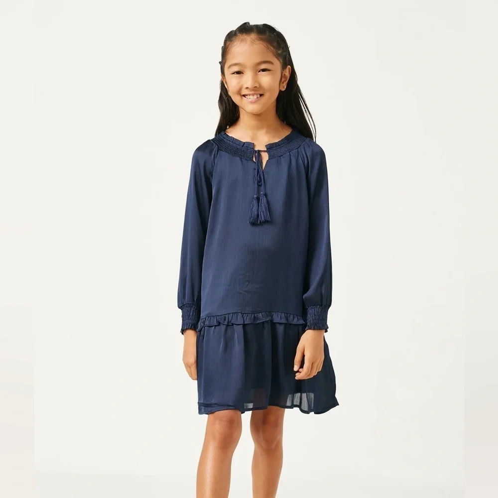 Hayden Girls Smocked Satin Dress Navy Size Large Tie Neck Long Sleeve
